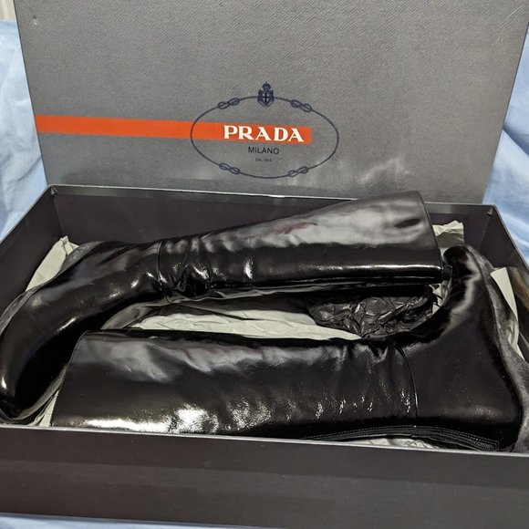 NWOT US 7 or UK 37 Black Prada Boots with Shoe Bag - Picture 1 of 9